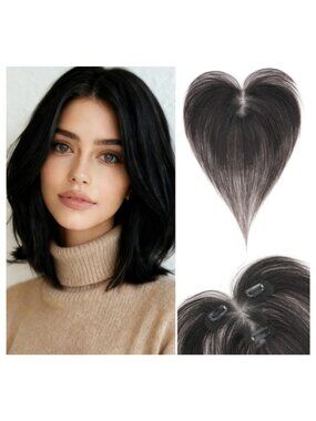 11" Natural Black Real‎ Human Hair Topper with Side Bangs Clip-In Hairpiece Lace